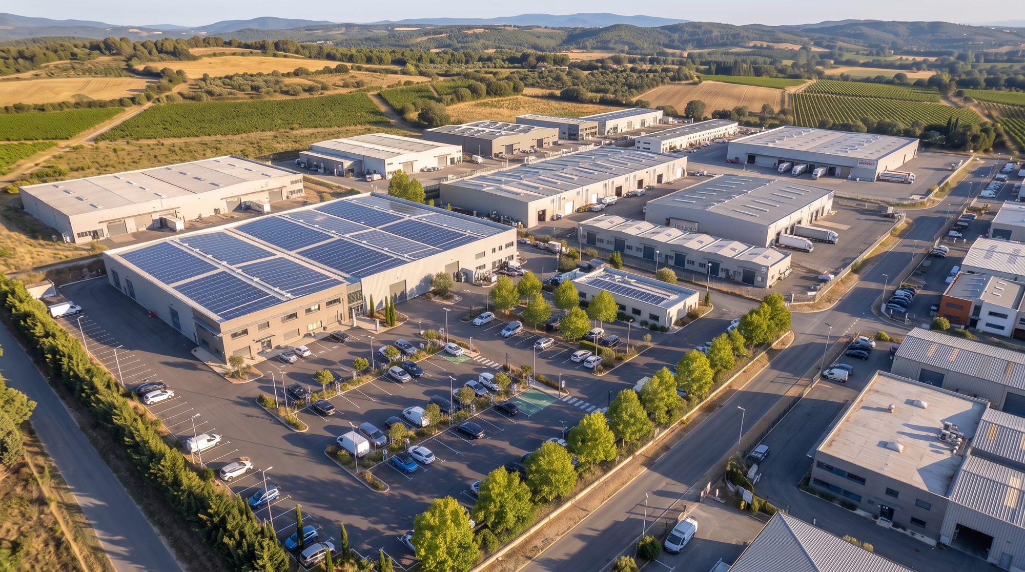 Zone d'activités du Languedoc vue du ciel, avec une centrale solaire en toiture d'un bâtiment de la zone